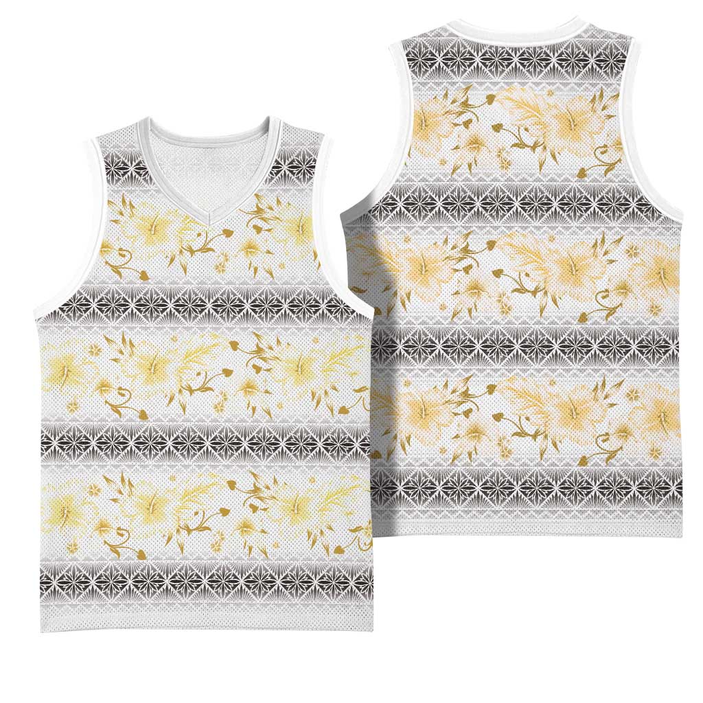 Samoa White Sunday Basketball Jersey Samoan Tapa Yellow Hibiscus - Polynesian Pride