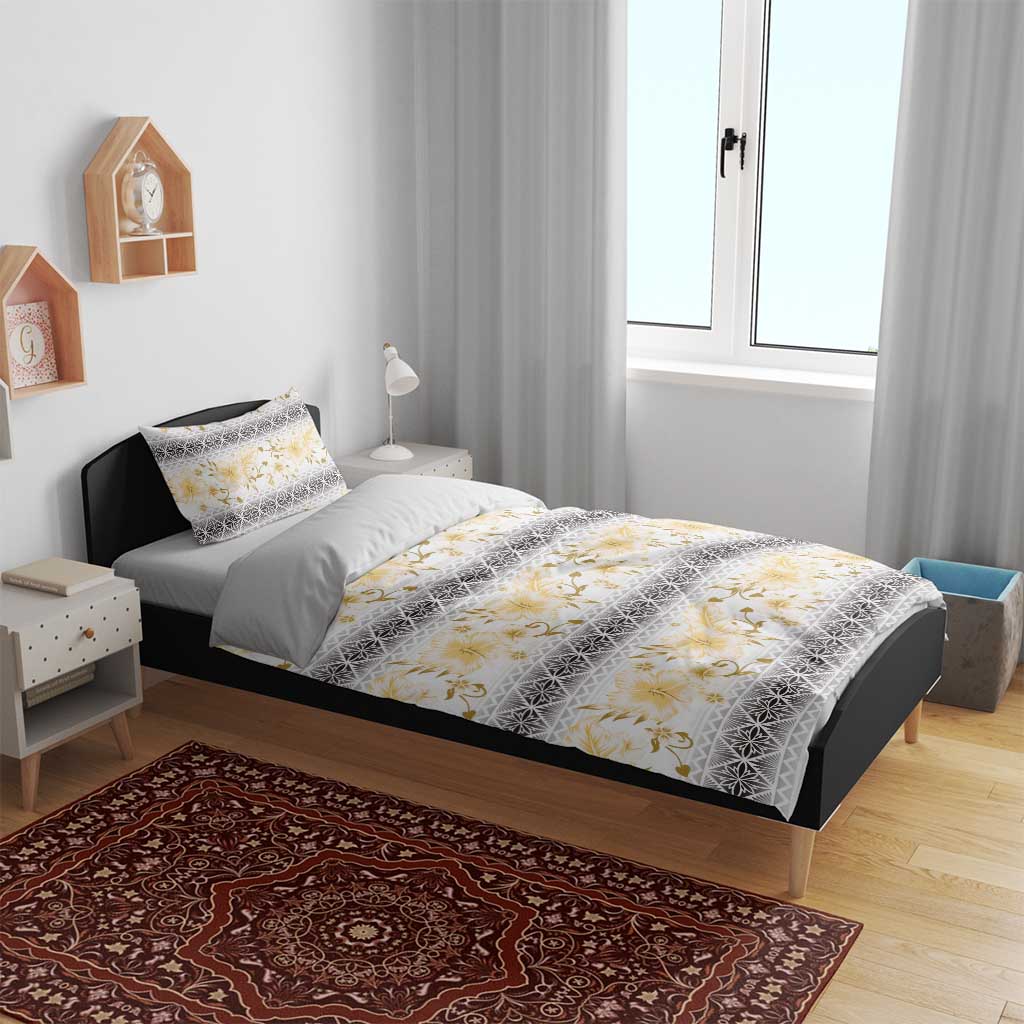 Samoa White Sunday Bedding Set Samoan Tapa Yellow Hibiscus - Polynesian Pride