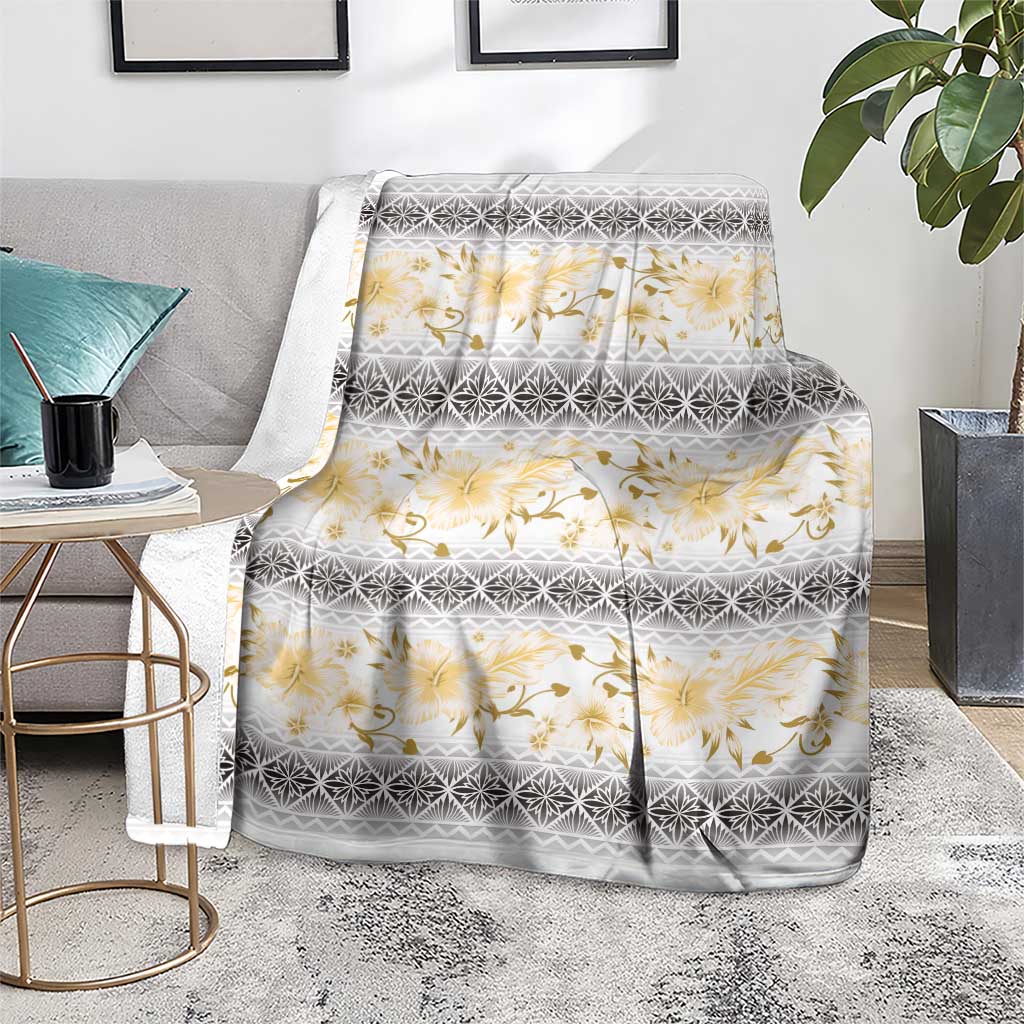 Samoa White Sunday Blanket Samoan Tapa Yellow Hibiscus - Polynesian Pride