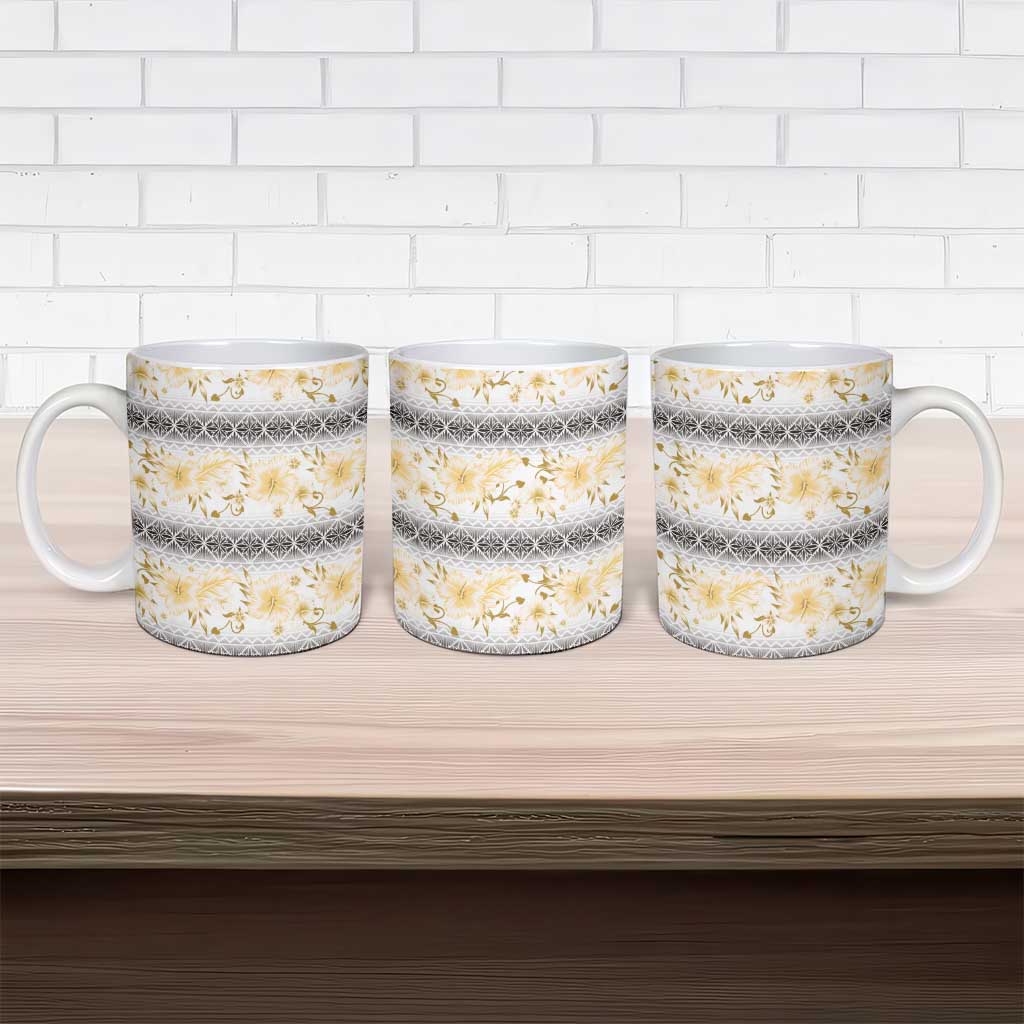 Samoa White Sunday Ceramic Mug Samoan Tapa Yellow Hibiscus - Polynesian Pride