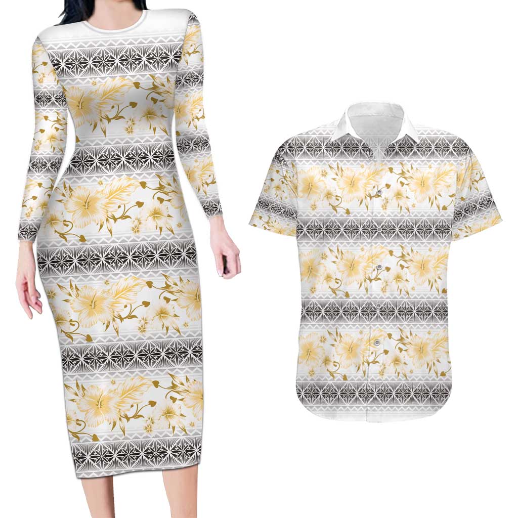 Samoa White Sunday Couples Matching Long Sleeve Bodycon Dress and Hawaiian Shirt Samoan Tapa Yellow Hibiscus - Polynesian Pride