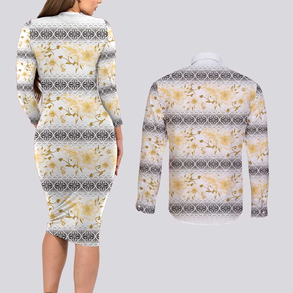 Samoa White Sunday Couples Matching Long Sleeve Bodycon Dress and Long Sleeve Button Shirt Samoan Tapa Yellow Hibiscus - Polynesian Pride