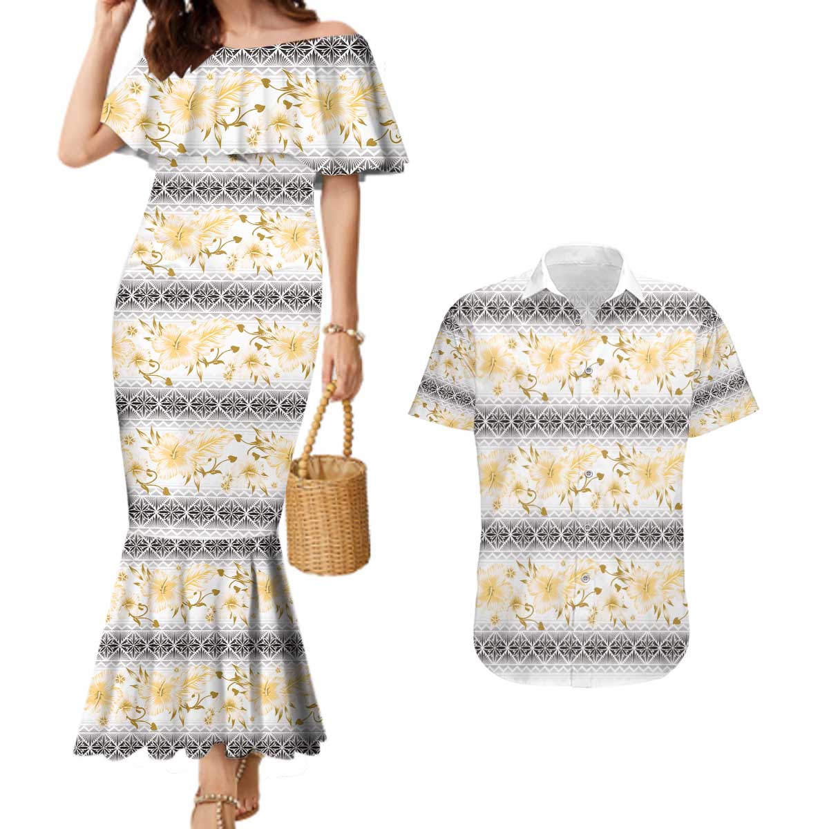 Samoa White Sunday Couples Matching Mermaid Dress and Hawaiian Shirt Samoan Tapa Yellow Hibiscus - Polynesian Pride