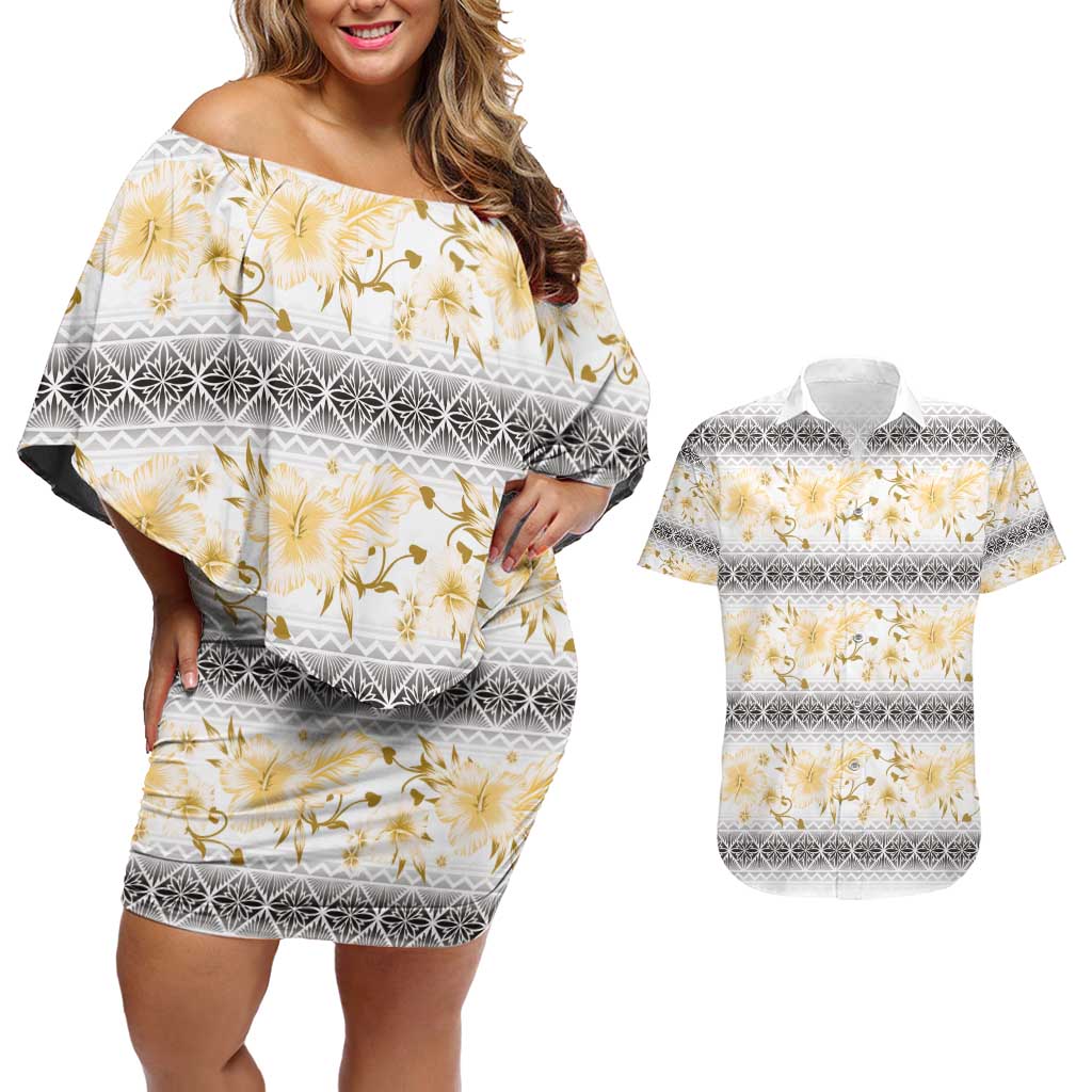 Samoa White Sunday Couples Matching Off Shoulder Short Dress and Hawaiian Shirt Samoan Tapa Yellow Hibiscus - Polynesian Pride