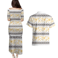 Samoa White Sunday Couples Matching Puletasi and Hawaiian Shirt Samoan Tapa Yellow Hibiscus - Polynesian Pride