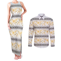 Samoa White Sunday Couples Matching Tank Maxi Dress and Long Sleeve Button Shirt Samoan Tapa Yellow Hibiscus - Polynesian Pride