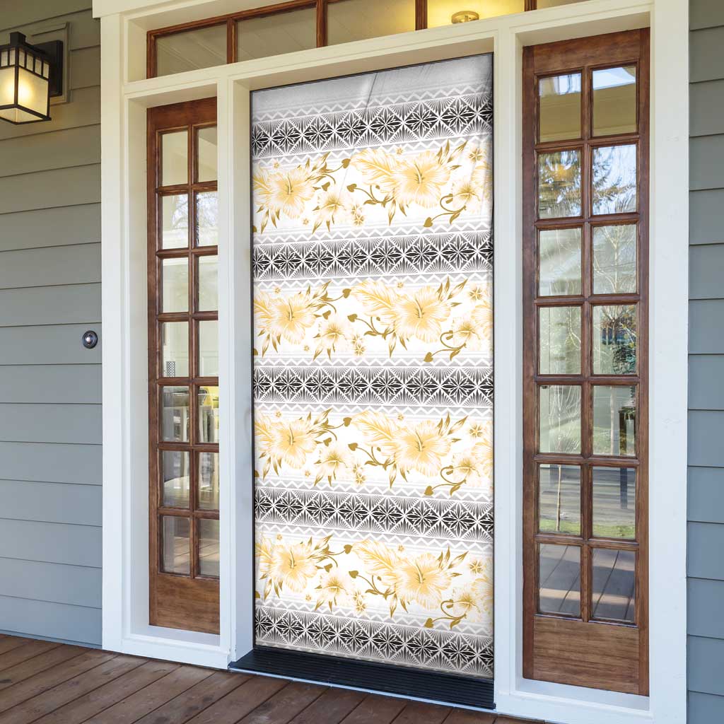 Samoa White Sunday Door Cover Samoan Tapa Yellow Hibiscus - Polynesian Pride