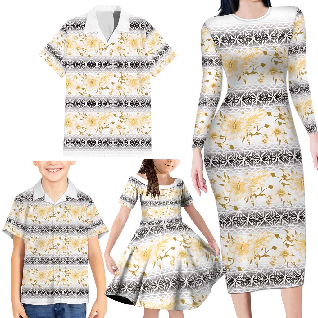 Samoa White Sunday Family Matching Long Sleeve Bodycon Dress and Hawaiian Shirt Samoan Tapa Yellow Hibiscus LT05 - Polynesian Pride