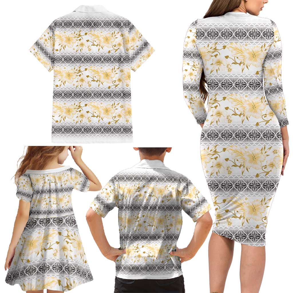 Samoa White Sunday Family Matching Long Sleeve Bodycon Dress and Hawaiian Shirt Samoan Tapa Yellow Hibiscus LT05 - Polynesian Pride