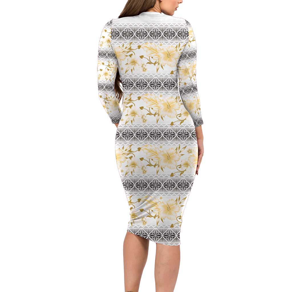 Samoa White Sunday Family Matching Long Sleeve Bodycon Dress and Hawaiian Shirt Samoan Tapa Yellow Hibiscus LT05 - Polynesian Pride