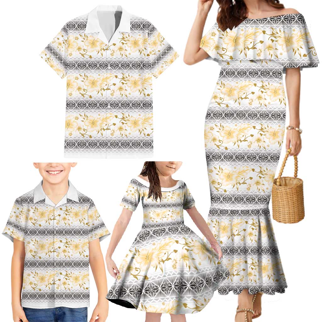 Samoa White Sunday Family Matching Mermaid Dress and Hawaiian Shirt Samoan Tapa Yellow Hibiscus LT05 - Polynesian Pride