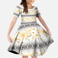 Samoa White Sunday Family Matching Off The Shoulder Long Sleeve Dress and Hawaiian Shirt Samoan Tapa Yellow Hibiscus LT05 Daughter's Dress Yellow - Polynesian Pride