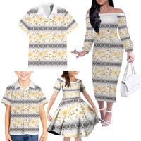 Samoa White Sunday Family Matching Off The Shoulder Long Sleeve Dress and Hawaiian Shirt Samoan Tapa Yellow Hibiscus LT05 - Polynesian Pride