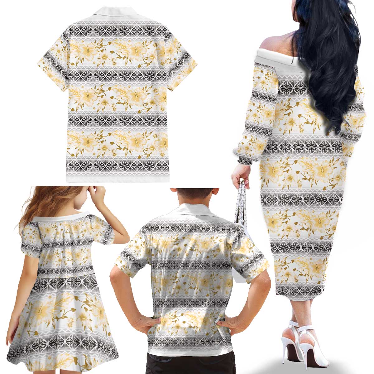 Samoa White Sunday Family Matching Off The Shoulder Long Sleeve Dress and Hawaiian Shirt Samoan Tapa Yellow Hibiscus LT05 - Polynesian Pride
