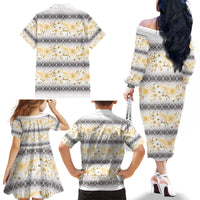 Samoa White Sunday Family Matching Off The Shoulder Long Sleeve Dress and Hawaiian Shirt Samoan Tapa Yellow Hibiscus LT05 - Polynesian Pride