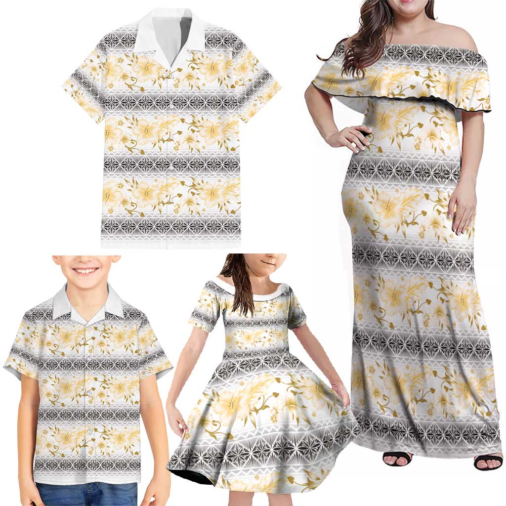 Samoa White Sunday Family Matching Off Shoulder Maxi Dress and Hawaiian Shirt Samoan Tapa Yellow Hibiscus LT05 - Polynesian Pride