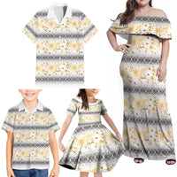 Samoa White Sunday Family Matching Off Shoulder Maxi Dress and Hawaiian Shirt Samoan Tapa Yellow Hibiscus LT05 - Polynesian Pride