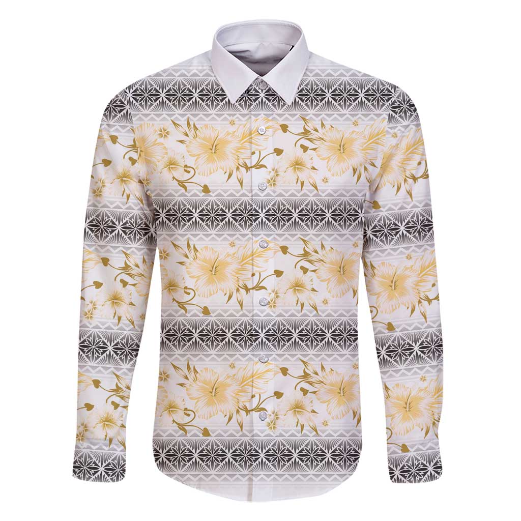 Samoa White Sunday Family Matching Off Shoulder Maxi Dress and Hawaiian Shirt Samoan Tapa Yellow Hibiscus LT05 Dad's Shirt - Long Sleeve Yellow - Polynesian Pride