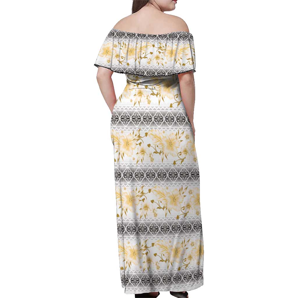 Samoa White Sunday Family Matching Off Shoulder Maxi Dress and Hawaiian Shirt Samoan Tapa Yellow Hibiscus LT05 - Polynesian Pride