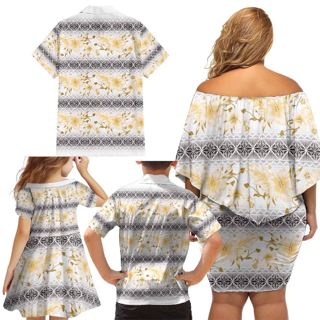 Samoa White Sunday Family Matching Off Shoulder Short Dress and Hawaiian Shirt Samoan Tapa Yellow Hibiscus LT05 - Polynesian Pride