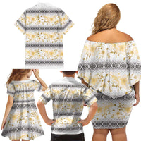Samoa White Sunday Family Matching Off Shoulder Short Dress and Hawaiian Shirt Samoan Tapa Yellow Hibiscus LT05 - Polynesian Pride