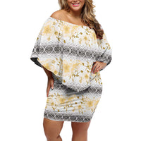 Samoa White Sunday Family Matching Off Shoulder Short Dress and Hawaiian Shirt Samoan Tapa Yellow Hibiscus LT05 Mom's Dress Yellow - Polynesian Pride