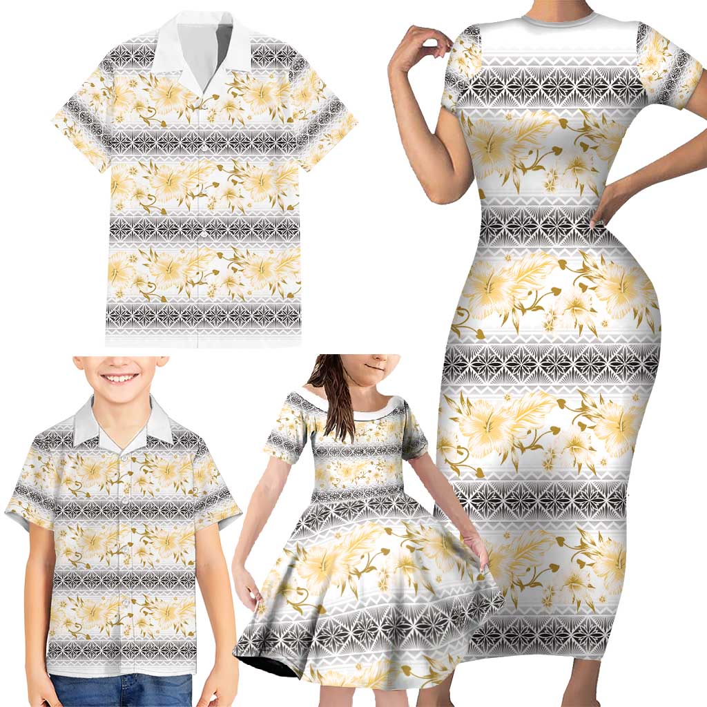 Samoa White Sunday Family Matching Short Sleeve Bodycon Dress and Hawaiian Shirt Samoan Tapa Yellow Hibiscus LT05 - Polynesian Pride