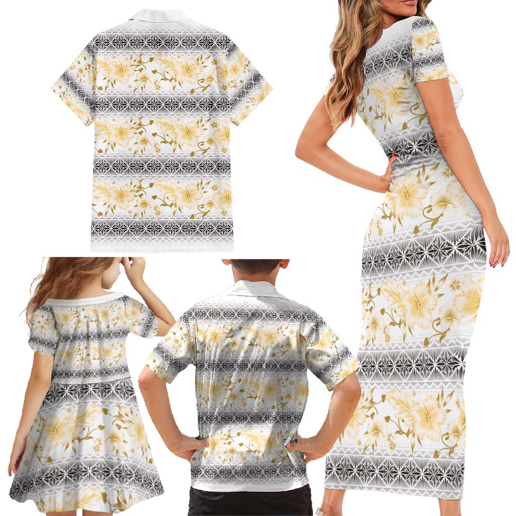 Samoa White Sunday Family Matching Short Sleeve Bodycon Dress and Hawaiian Shirt Samoan Tapa Yellow Hibiscus LT05 - Polynesian Pride