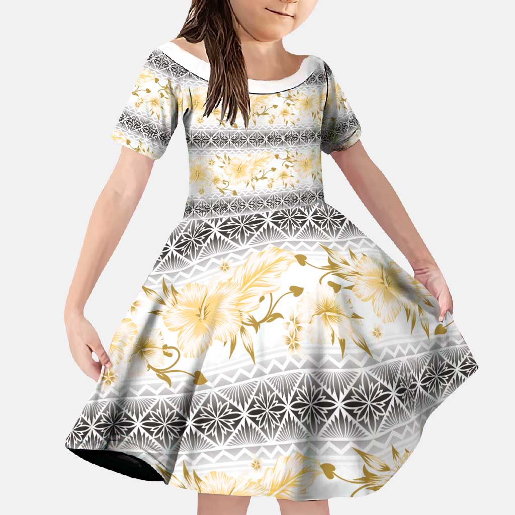 Samoa White Sunday Family Matching Summer Maxi Dress and Hawaiian Shirt Samoan Tapa Yellow Hibiscus LT05 Daughter's Dress Yellow - Polynesian Pride