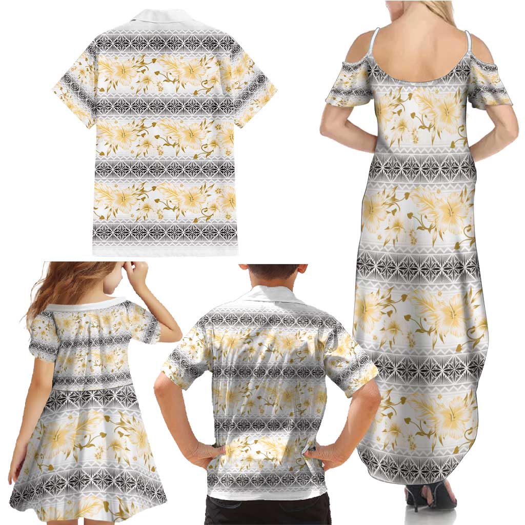 Samoa White Sunday Family Matching Summer Maxi Dress and Hawaiian Shirt Samoan Tapa Yellow Hibiscus LT05 - Polynesian Pride