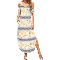 Samoa White Sunday Family Matching Summer Maxi Dress and Hawaiian Shirt Samoan Tapa Yellow Hibiscus LT05 Mom's Dress Yellow - Polynesian Pride