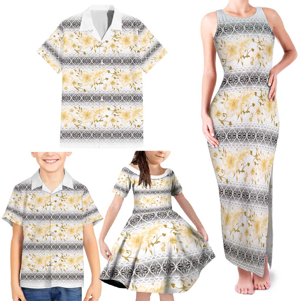 Samoa White Sunday Family Matching Tank Maxi Dress and Hawaiian Shirt Samoan Tapa Yellow Hibiscus LT05 - Polynesian Pride
