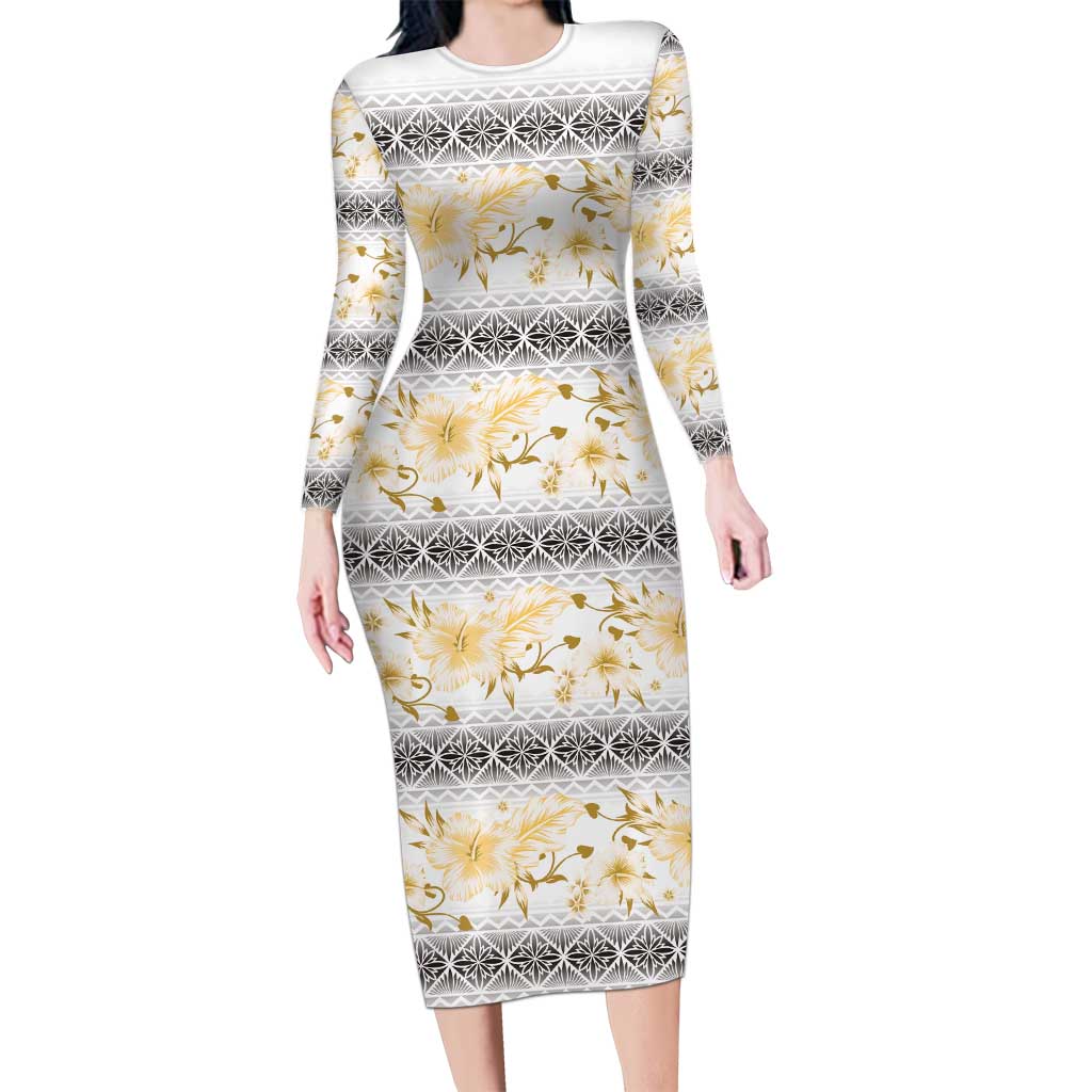 Samoa White Sunday Long Sleeve Bodycon Dress Samoan Tapa Yellow Hibiscus - Polynesian Pride
