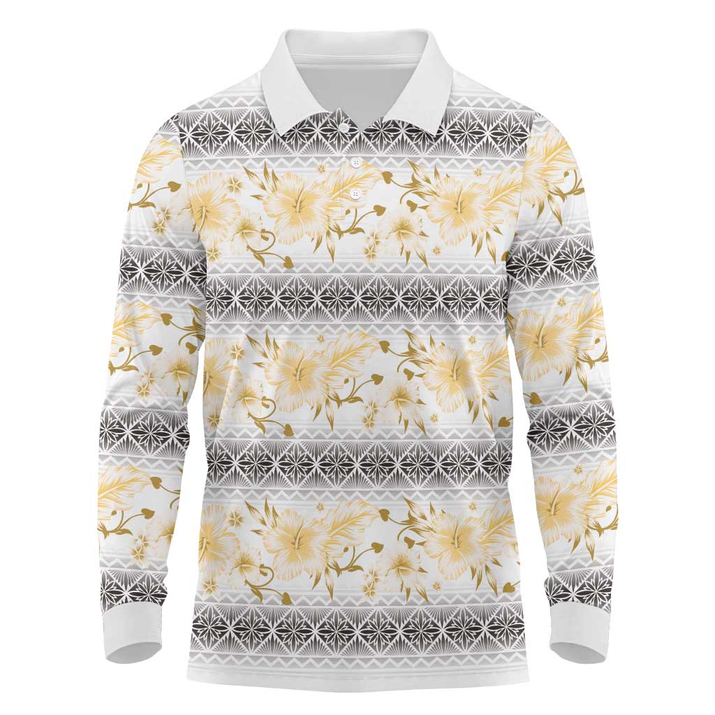 Samoa White Sunday Long Sleeve Polo Shirt Samoan Tapa Yellow Hibiscus LT05 Yellow - Polynesian Pride