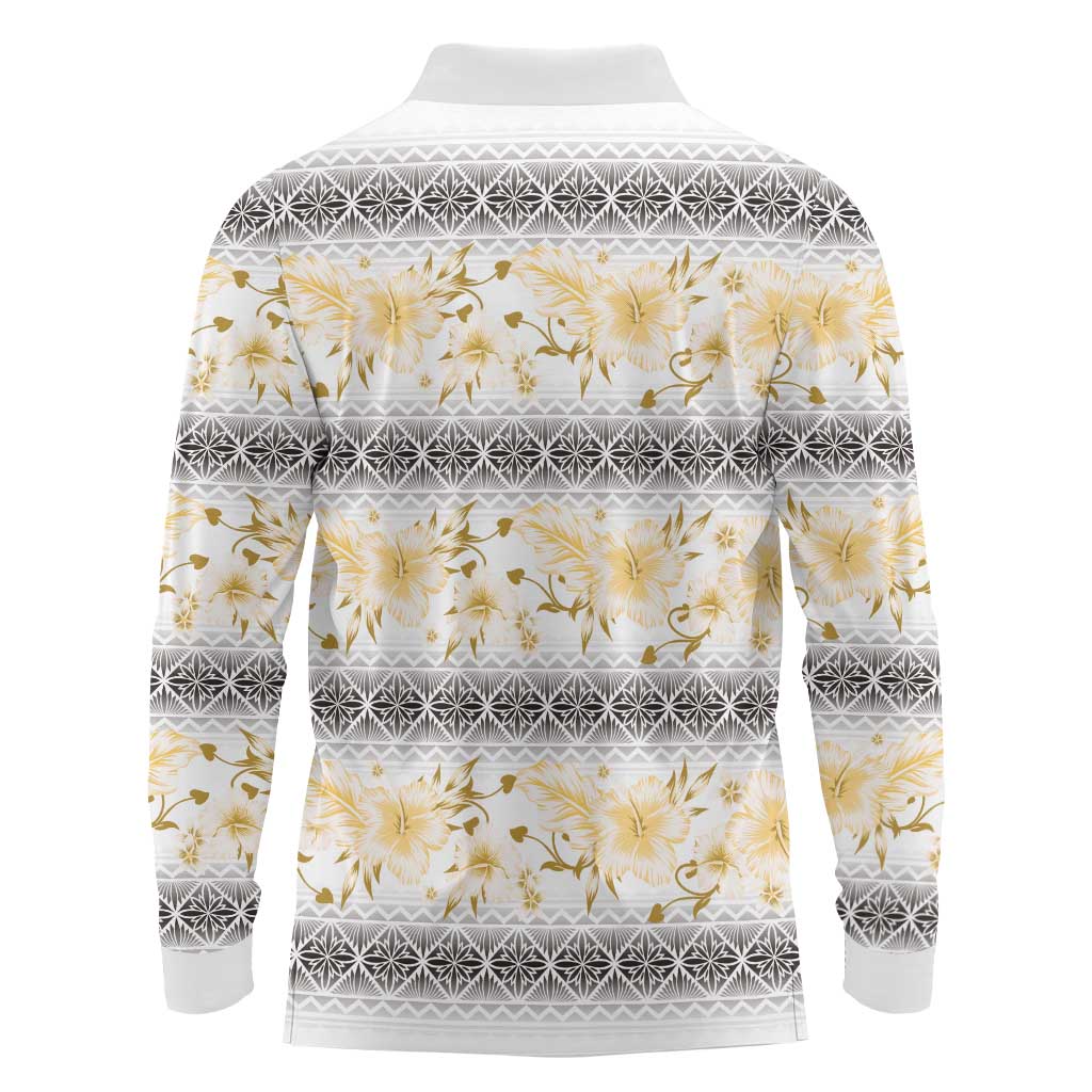 Samoa White Sunday Long Sleeve Polo Shirt Samoan Tapa Yellow Hibiscus LT05 - Polynesian Pride