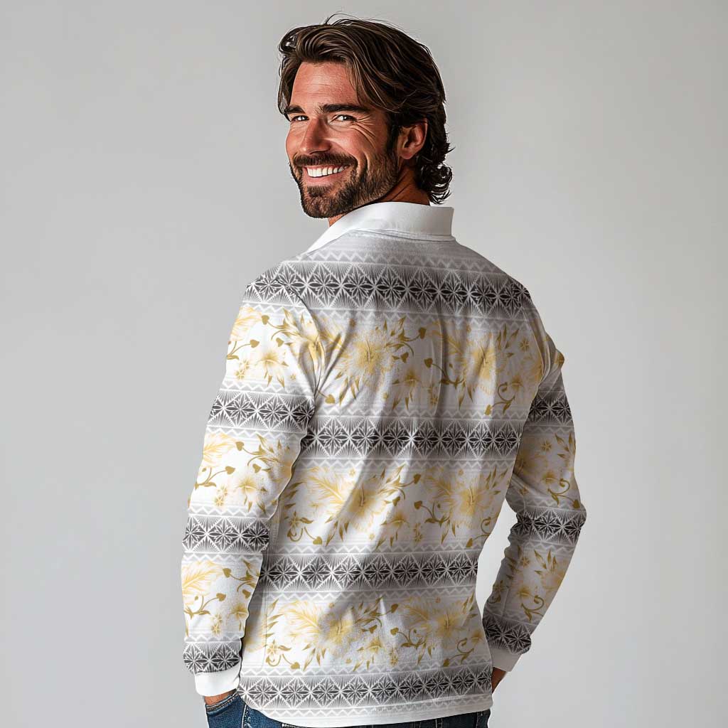 Samoa White Sunday Long Sleeve Polo Shirt Samoan Tapa Yellow Hibiscus LT05 - Polynesian Pride