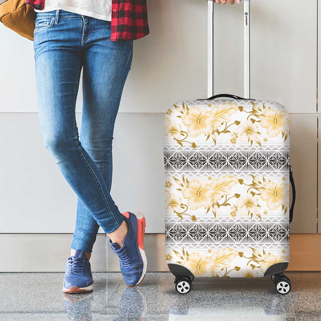 Samoa White Sunday Luggage Cover Samoan Tapa Yellow Hibiscus - Polynesian Pride