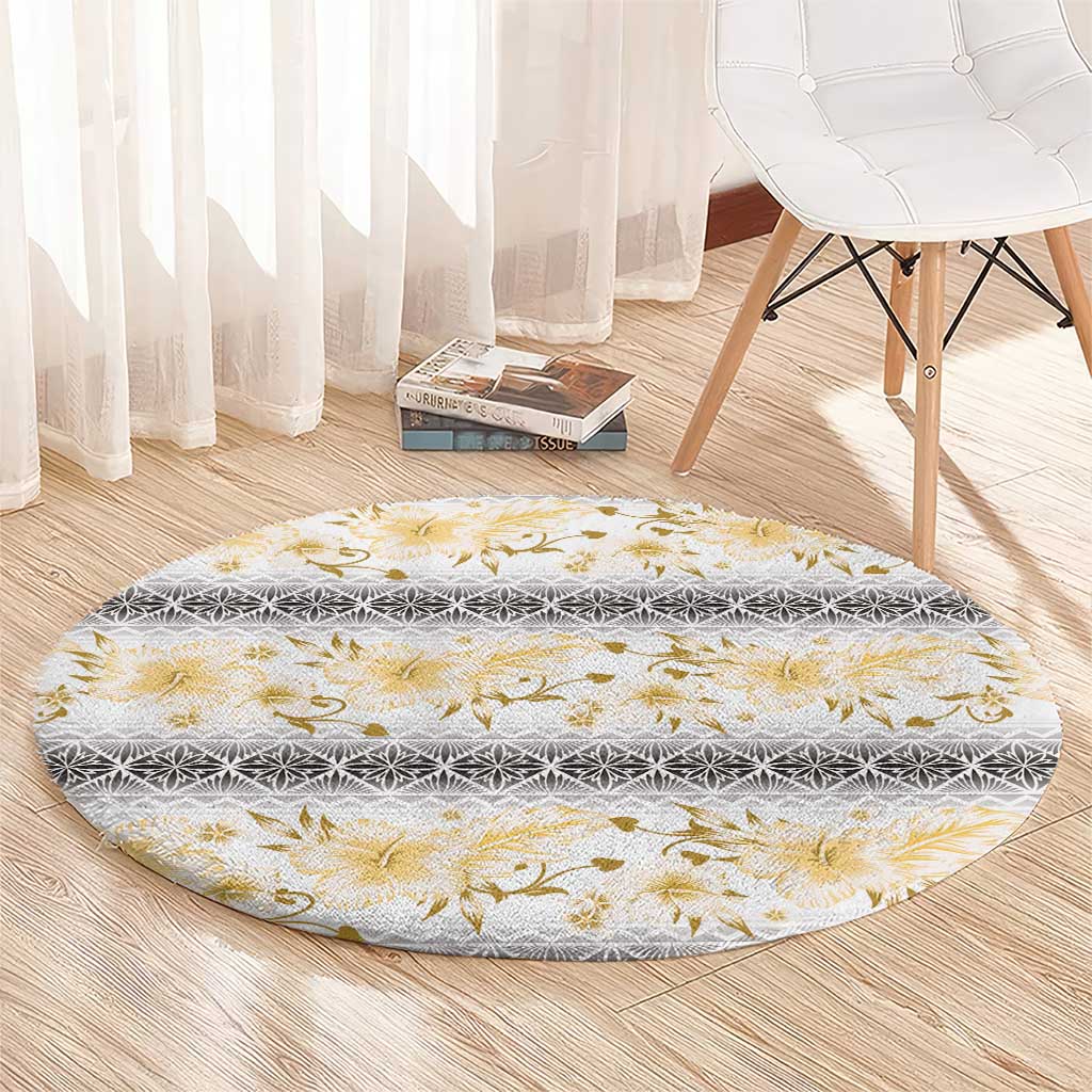 Samoa White Sunday Round Carpet Samoan Tapa Yellow Hibiscus - Polynesian Pride
