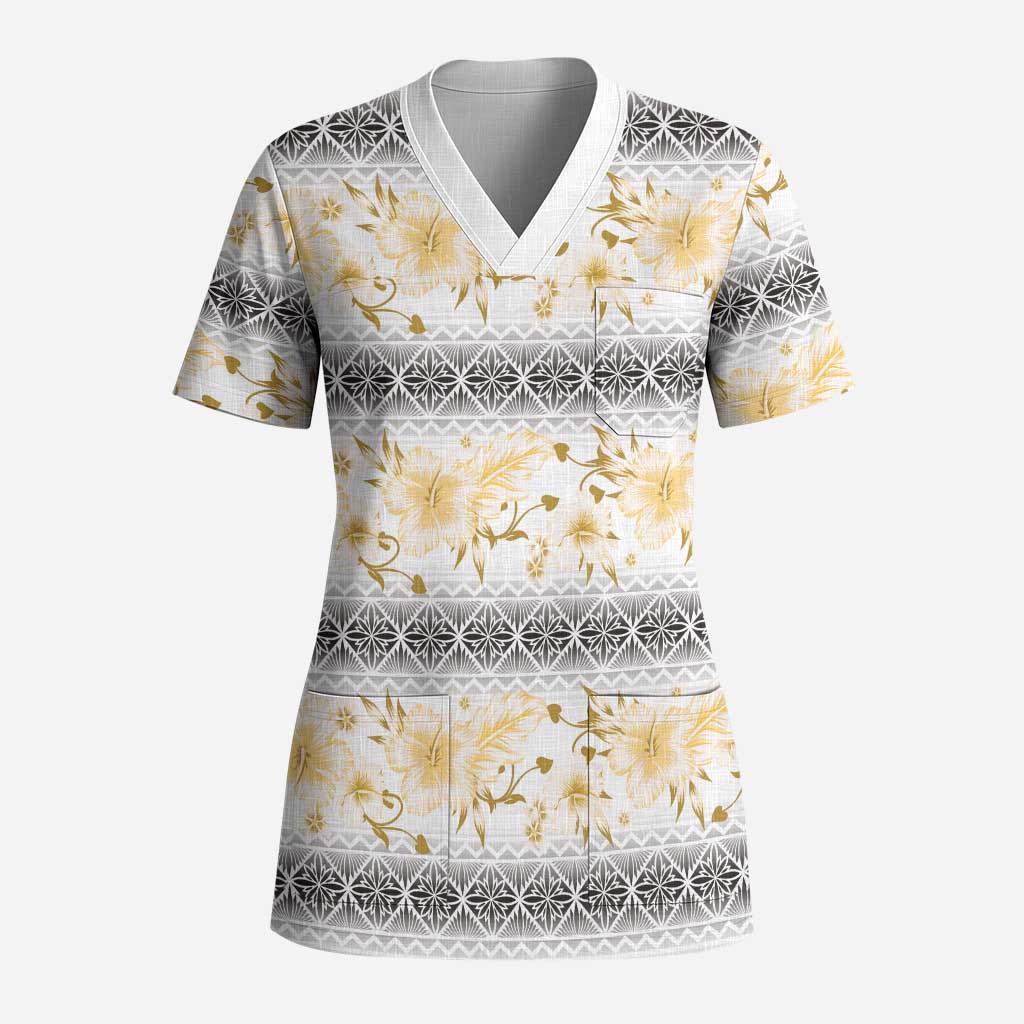 Samoa White Sunday Scrub Top Samoan Tapa Yellow Hibiscus - Polynesian Pride