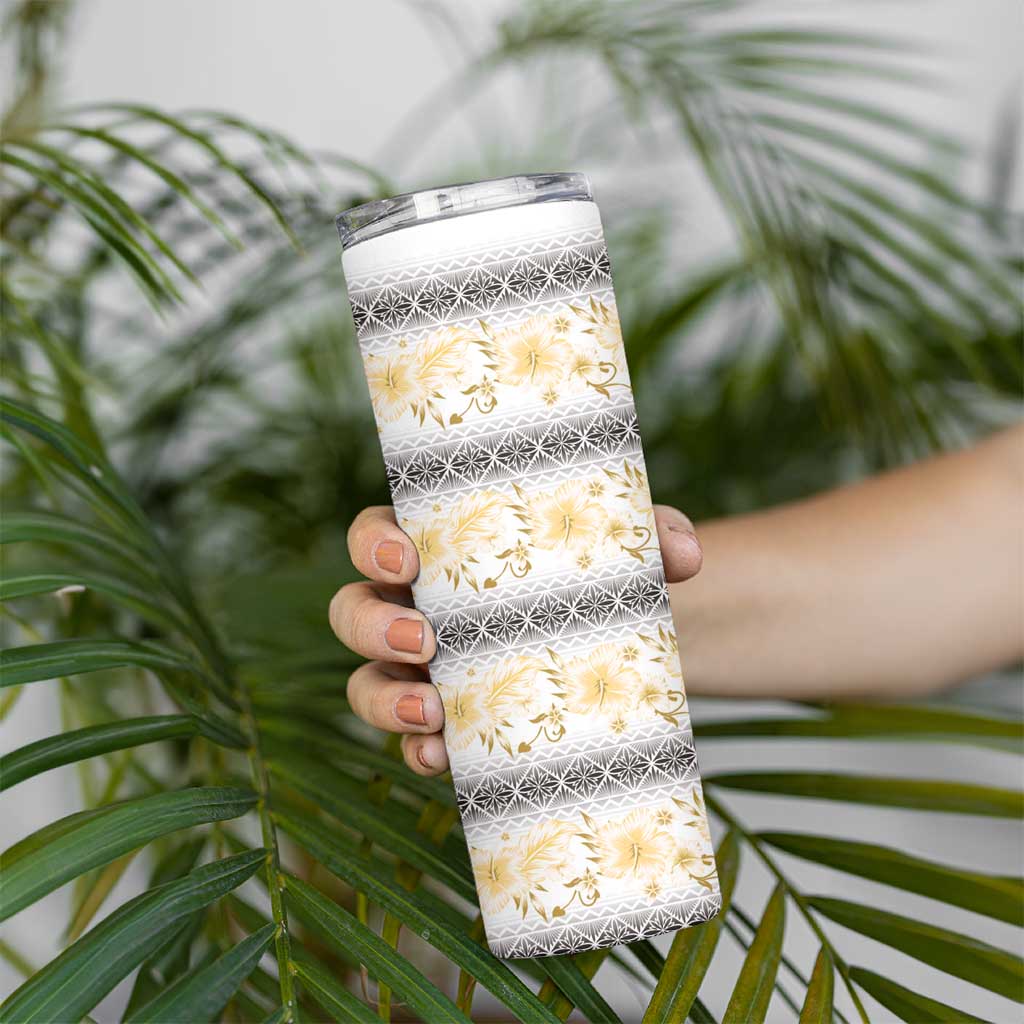 Samoa White Sunday Skinny Tumbler Samoan Tapa Yellow Hibiscus - Polynesian Pride