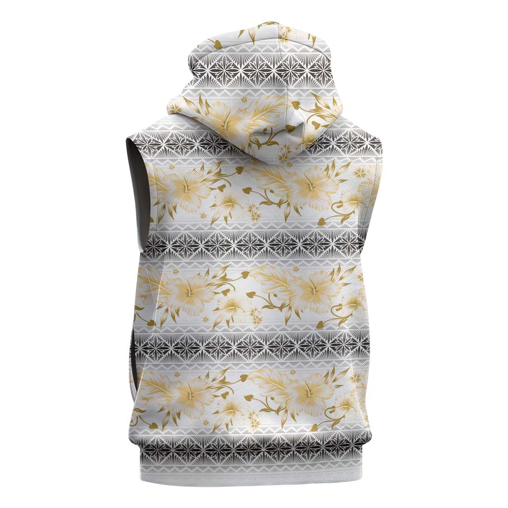 Samoa White Sunday Sleeveless Hoodie Samoan Tapa Yellow Hibiscus - Polynesian Pride