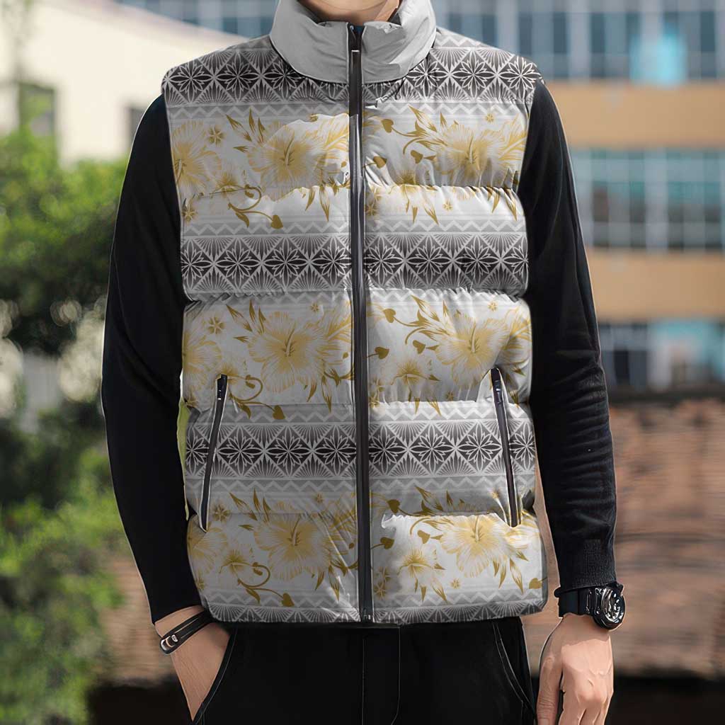 Samoa White Sunday Sleeveless Puffer Jacket Samoan Tapa Yellow Hibiscus - Polynesian Pride