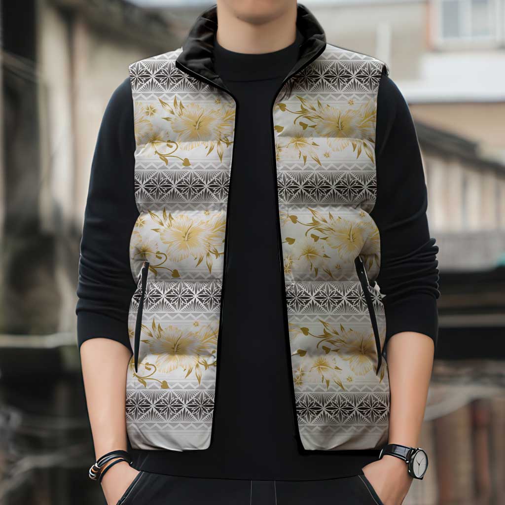 Samoa White Sunday Sleeveless Puffer Jacket Samoan Tapa Yellow Hibiscus - Polynesian Pride
