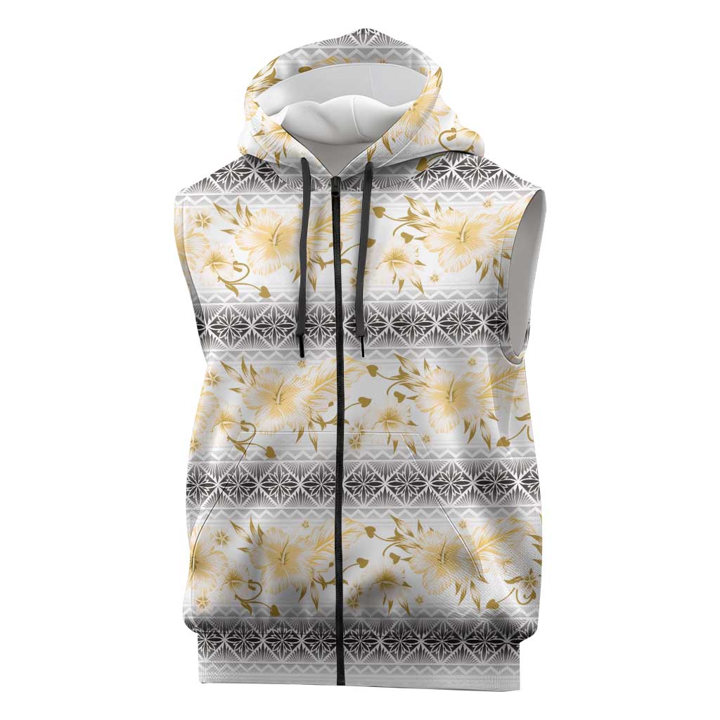 Samoa White Sunday Sleeveless Zip Hoodie Samoan Tapa Yellow Hibiscus - Polynesian Pride