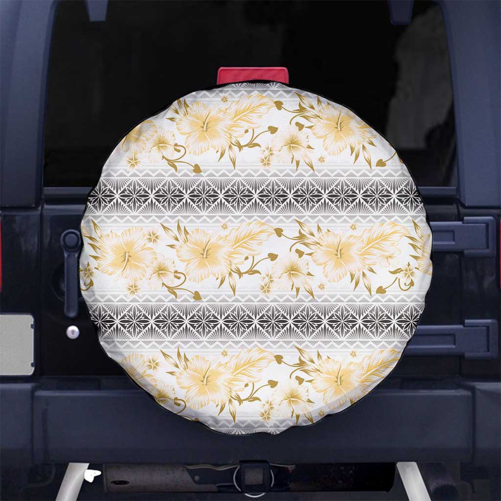 Samoa White Sunday Spare Tire Cover Samoan Tapa Yellow Hibiscus - Polynesian Pride