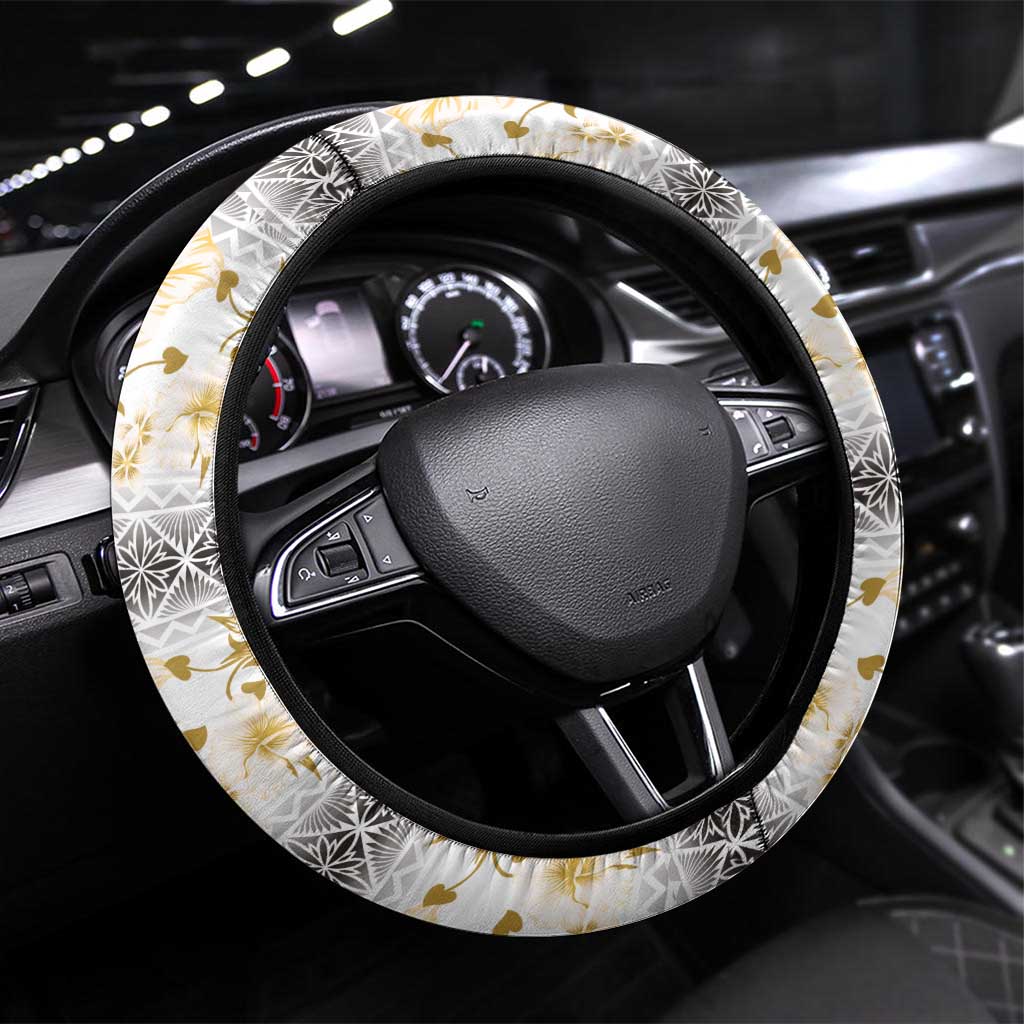 Samoa White Sunday Steering Wheel Cover Samoan Tapa Yellow Hibiscus - Polynesian Pride