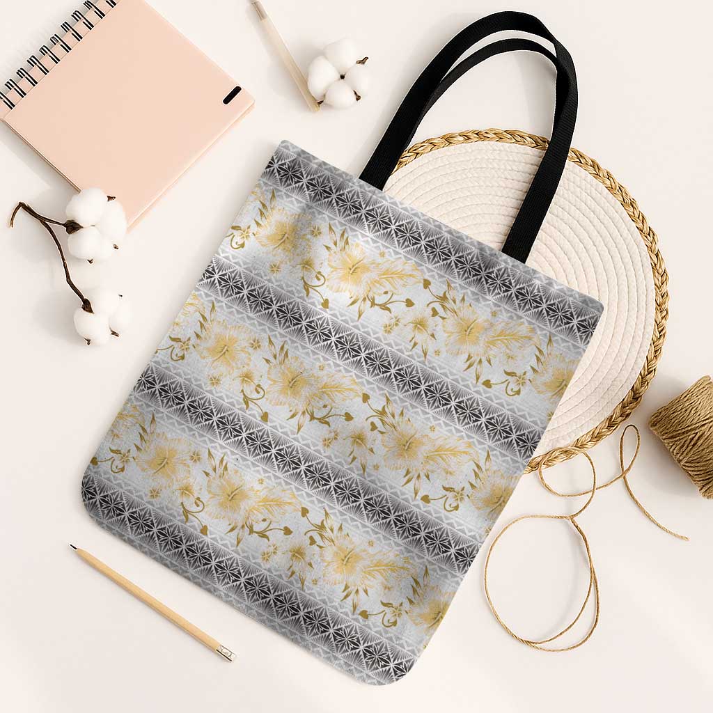Samoa White Sunday Tote Bag Samoan Tapa Yellow Hibiscus - Polynesian Pride