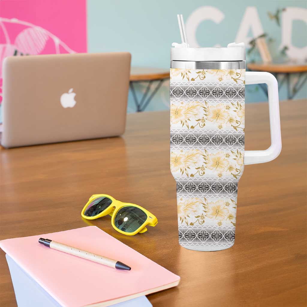 Samoa White Sunday Tumbler With Handle Samoan Tapa Yellow Hibiscus - Polynesian Pride