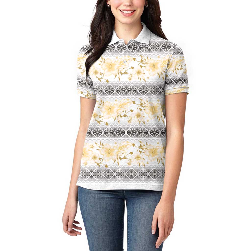 Samoa White Sunday Women Polo Shirt Samoan Tapa Yellow Hibiscus - Polynesian Pride