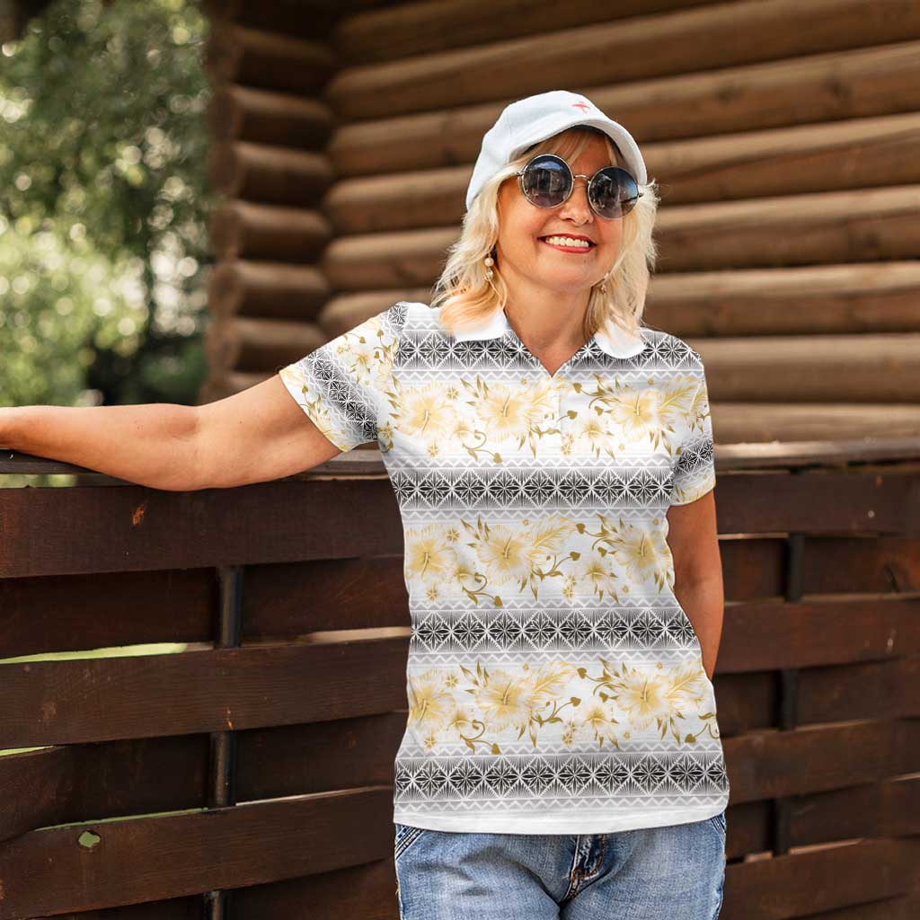 Samoa White Sunday Women Polo Shirt Samoan Tapa Yellow Hibiscus - Polynesian Pride